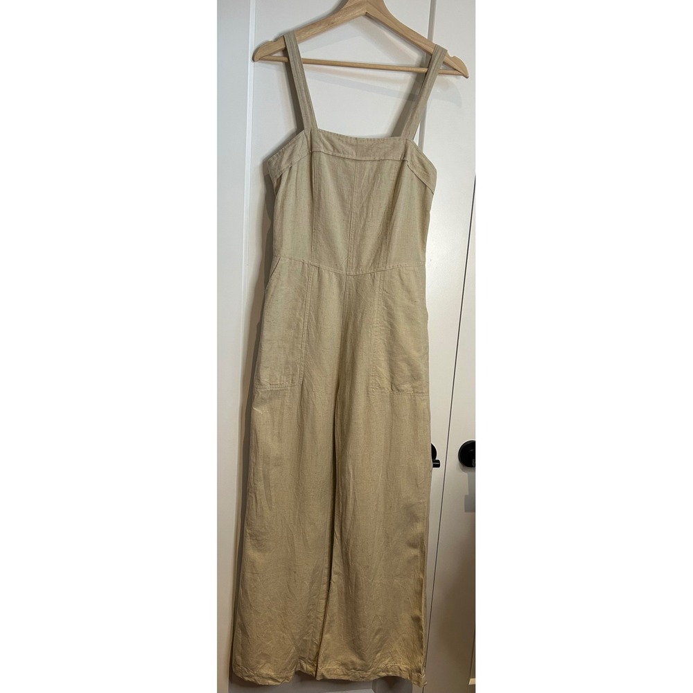 Sim & Sam Tan Linen Blend Wide Leg Smocked Back Jumpsuit Pockets Size M